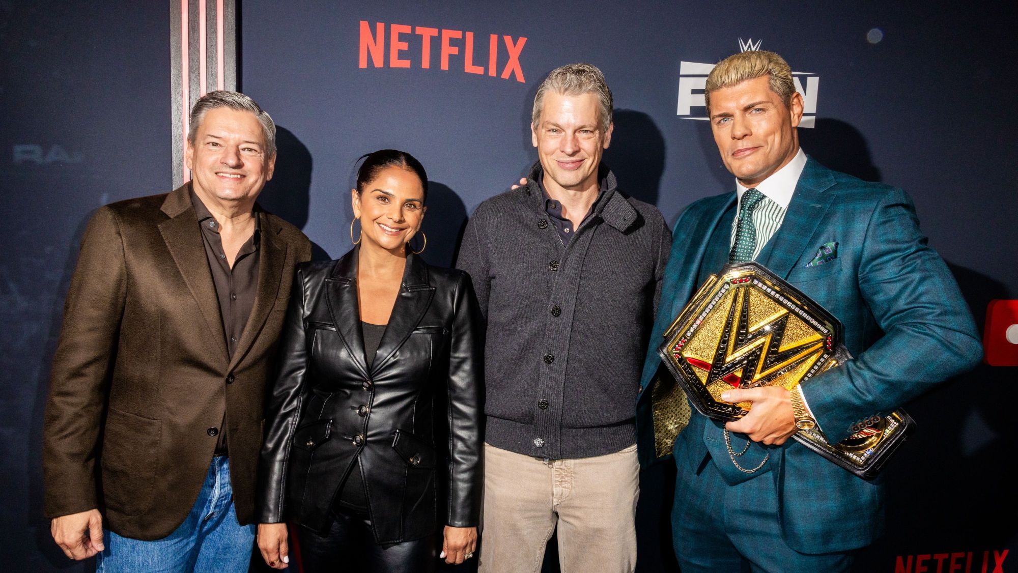 (L-R) Ted Sarandos, Co-CEO, Netflix, Bela Bajaria, CCO, Netflix, Greg Peters, Co-CEO, Netflix and Cody Rhodes